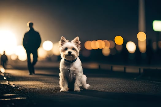 a small dog sitting on the street at night. AI-Generated photo