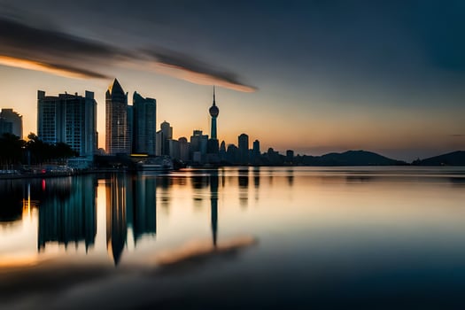 the city skyline is reflected in the water at sunset. AI-Generated photo