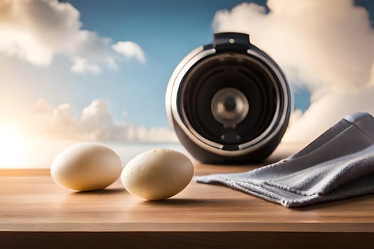 eggs on a table with a coffee maker. AI-Generated photo