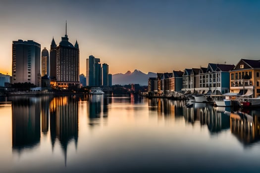 the city skyline is reflected in the water at sunset. AI-Generated photo