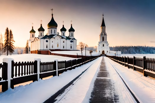 a snowy road leads to a church in the winter. AI-Generated photo