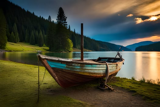 a boat sits on the shore of a lake at sunset. AI-Generated photo