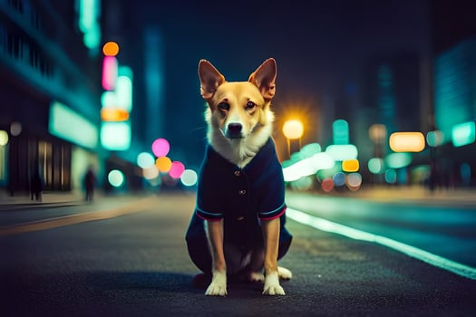 a dog sitting on the street at night. AI-Generated photo