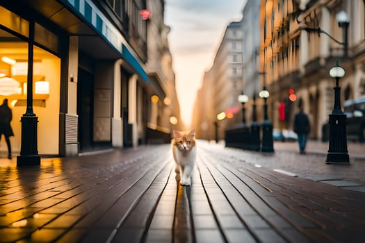 a cat walking down a street at sunset. AI-Generated photo