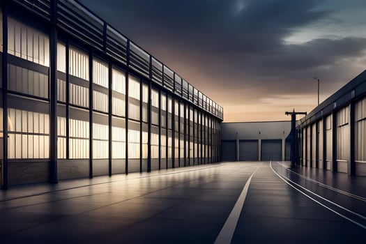 an empty warehouse with a dark sky in the background. AI-Generated photo