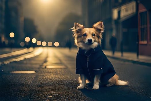 a dog in a coat sitting on the street at night. AI-Generated photo