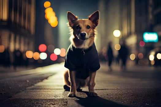 a dog wearing a jacket on the street at night. AI-Generated photo