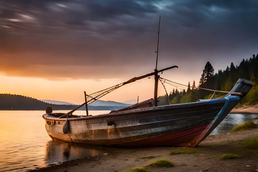 a boat sits on the shore at sunset. AI-Generated photo