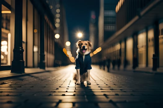 a dog wearing a jacket and holding a pair of scissors. AI-Generated photo