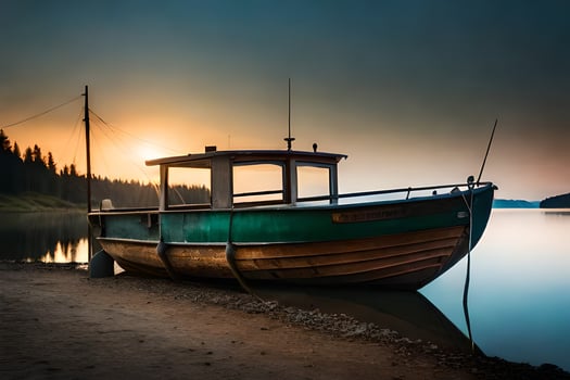 a boat sits on the shore at sunset. AI-Generated photo