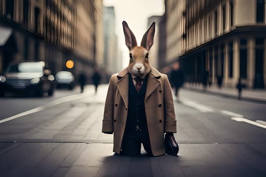 a rabbit wearing a coat and tie standing on the street. AI-Generated photo