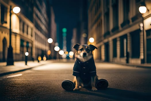a dog sitting on the ground in the middle of a city street. AI-Generated photo