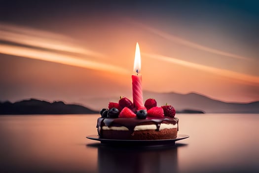 a birthday cake with a single candle on top. AI-Generated photo