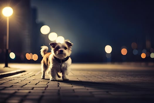 a small dog is standing on a brick road at night. AI-Generated photo