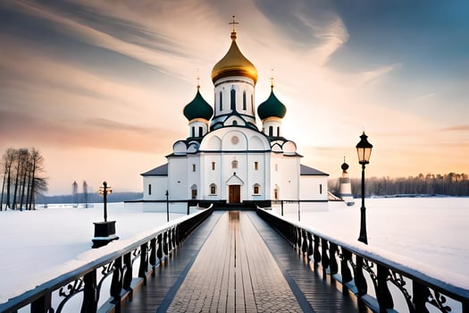 a bridge leads to a church in the snow. AI-Generated photo