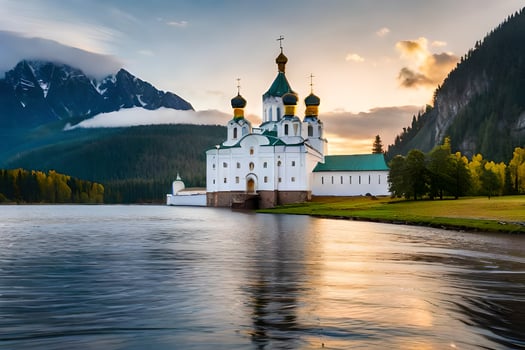 a church sits on the shore of a lake at sunset. AI-Generated photo