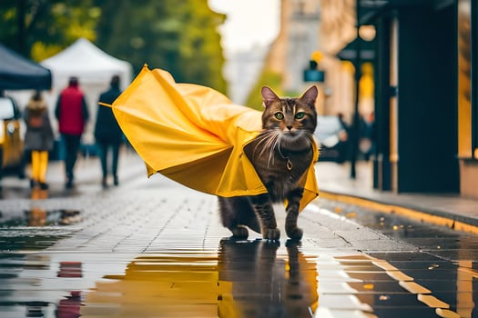 a cat walking in the rain with an umbrella. AI-Generated photo