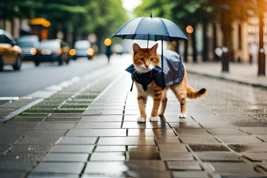 a cat walking on a street with an umbrella. AI-Generated photo