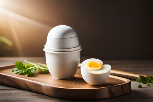 an egg and a half boiled egg on a cutting board. AI-Generated photo