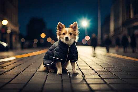 a dog wearing a jacket on a street at night. AI-Generated photo