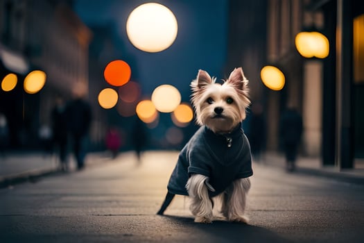 a small white dog wearing a jacket on a street at night. AI-Generated photo