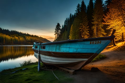 a boat sits on the shore of a lake at sunset. AI-Generated photo