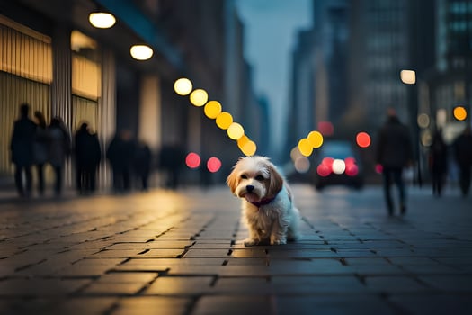 a small dog standing on a street at night. AI-Generated photo