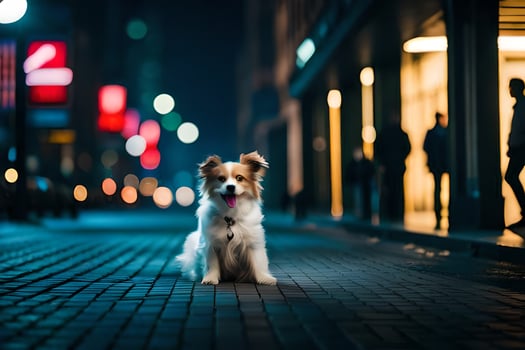 a dog sitting on the street at night. AI-Generated photo