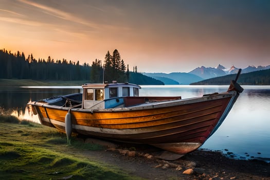 a boat sits on the shore of a lake at sunset. AI-Generated photo