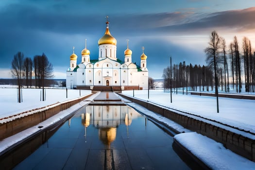 a church in the snow with a pond in front of it. AI-Generated photo