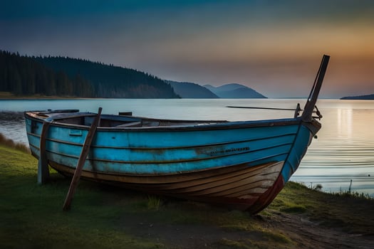 a boat sits on the shore of a lake at sunset. AI-Generated photo