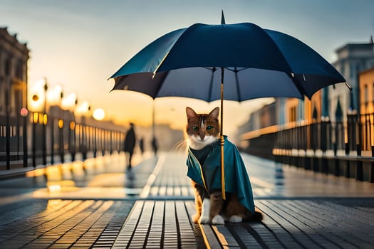 a cat in a raincoat standing on a bridge. AI-Generated photo
