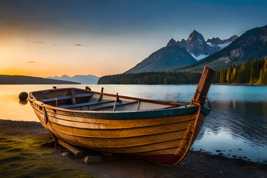 a boat on the shore of a lake at sunset. AI-Generated photo