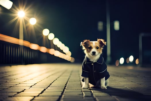 a dog in a coat standing on a street at night. AI-Generated photo