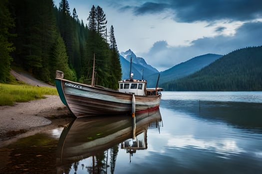 a boat sits on the shore of a lake. AI-Generated photo