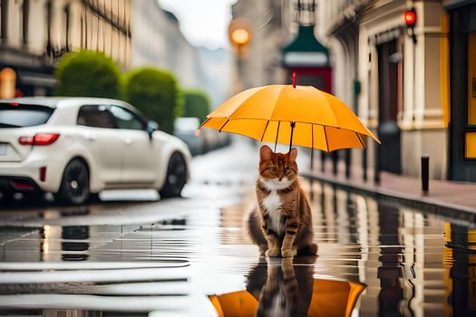 a cat is standing in the rain with an umbrella. AI-Generated photo