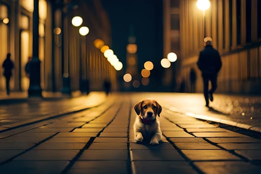 a dog sitting on the street at night. AI-Generated photo