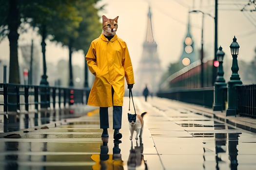 a man in a yellow raincoat and a dog walk in the rain. AI-Generated photo
