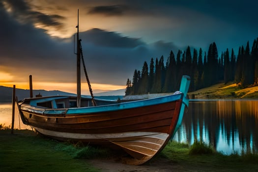 a boat sits on the shore of a lake at sunset. AI-Generated photo