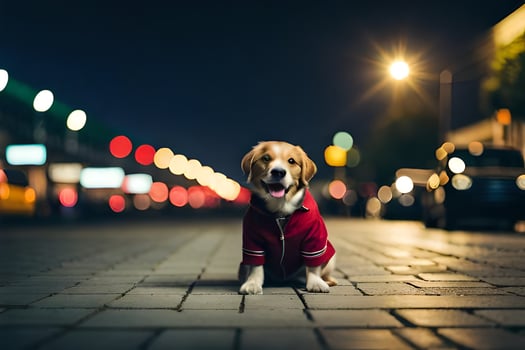 a dog wearing a red jacket sitting on the street at night. AI-Generated photo