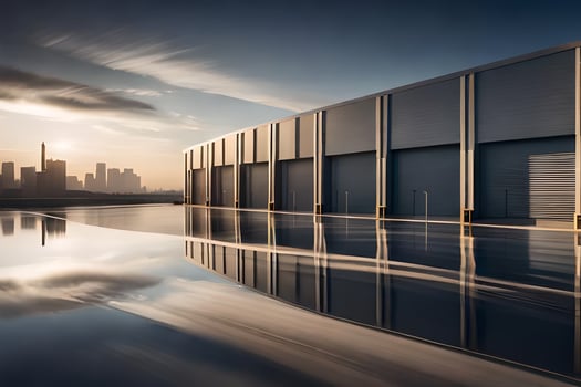 a large warehouse with a city skyline reflected in the water. AI-Generated photo