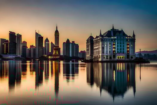 the city skyline is reflected in the water at sunset. AI-Generated photo