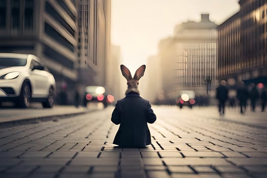 a rabbit in a suit sitting on the ground. AI-Generated photo