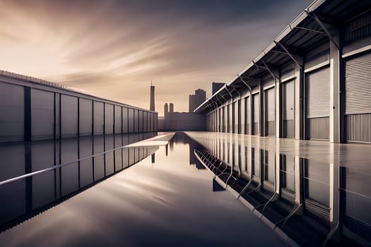 a long, empty warehouse with a sky in the background. AI-Generated photo