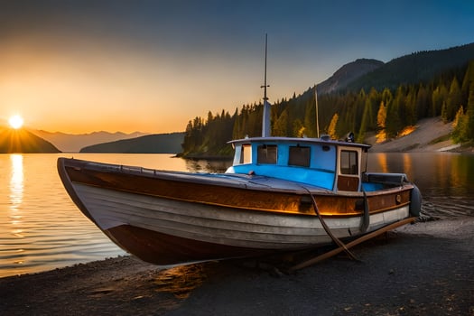 a boat sits on the shore of a lake at sunset. AI-Generated photo