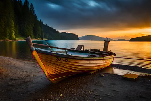 a boat sits on the shore at sunset. AI-Generated photo