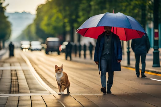 a man walking with a dog under an umbrella. AI-Generated photo