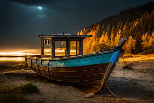 a boat sits on the shore at night. AI-Generated photo