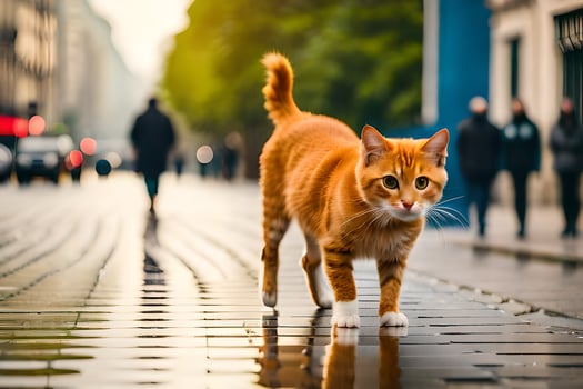 an orange cat walking across a cobblestone street. AI-Generated photo