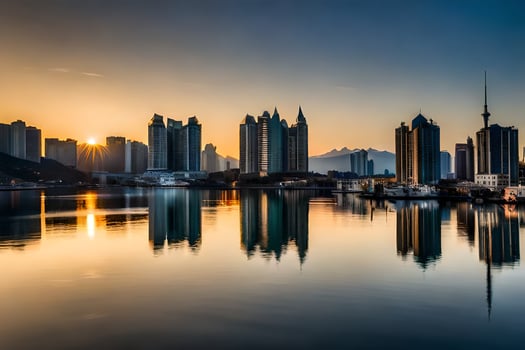 the city skyline is reflected in the water at sunset. AI-Generated photo